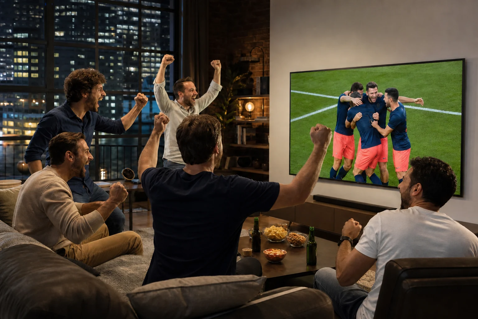 Des amis célèbrent un but devant un grand écran pendant une soirée football