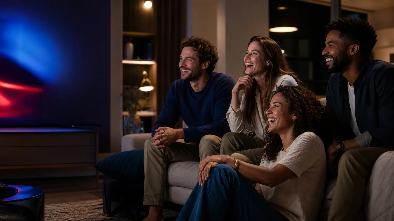 Des amis profitent ensemble d’une soirée télévision