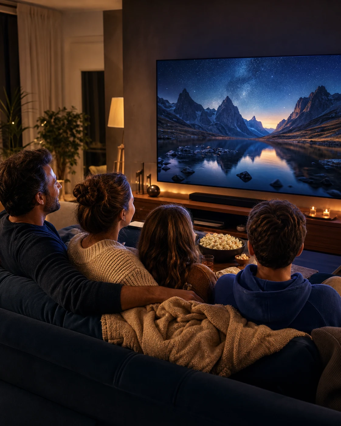 Une famille profite d’une soirée cinéma chaleureuse devant sa télévision