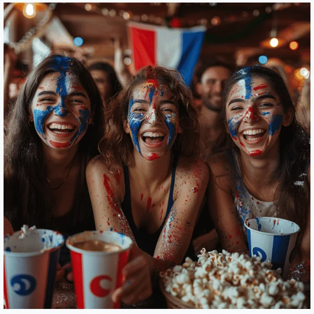 Des supportrices souriantes aux couleurs de la France pendant une soirée télévision